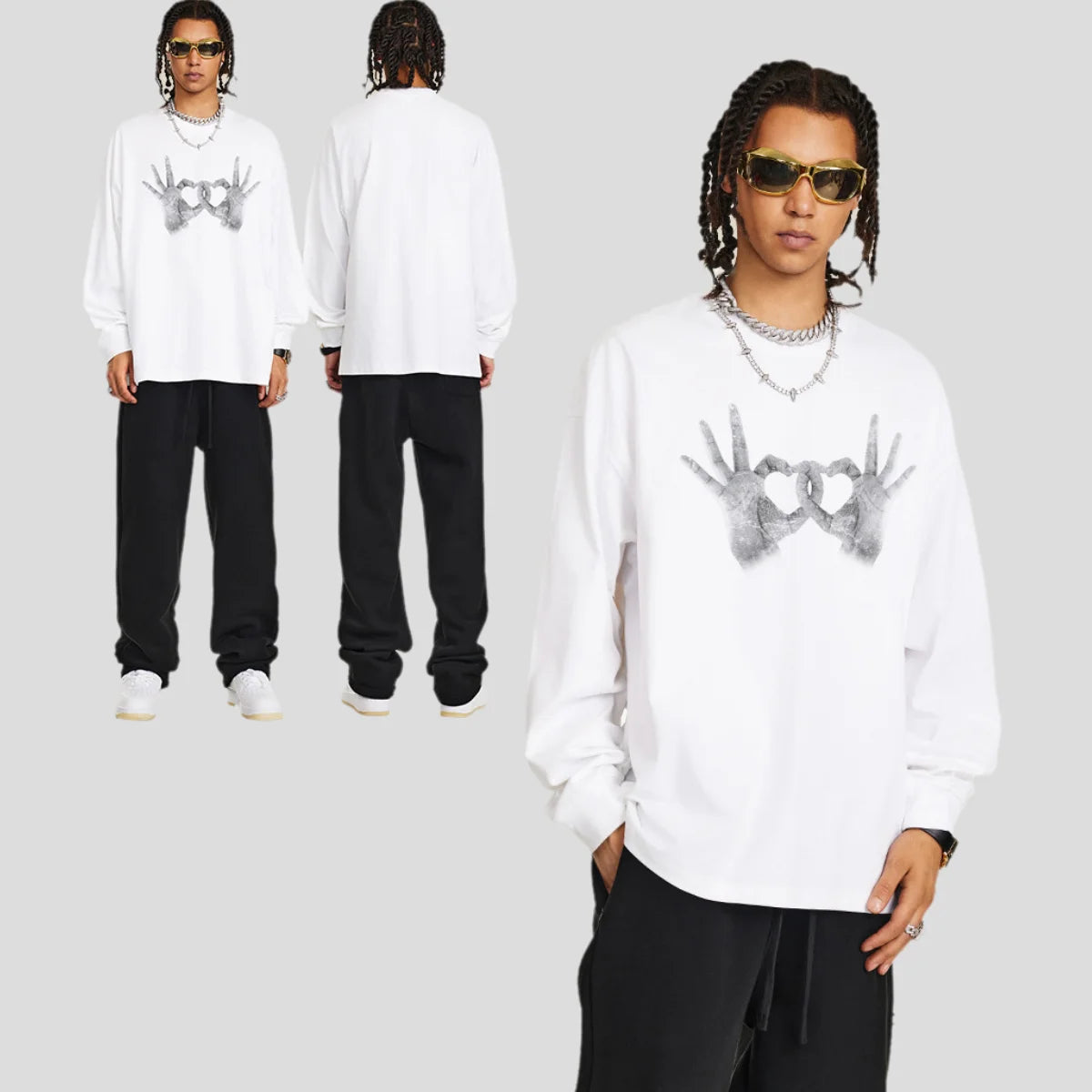 Customizable 225G American Street Gesture Printed Men's Long Sleeve T-Shirt Quick Dry Breathable with Customizable Logo