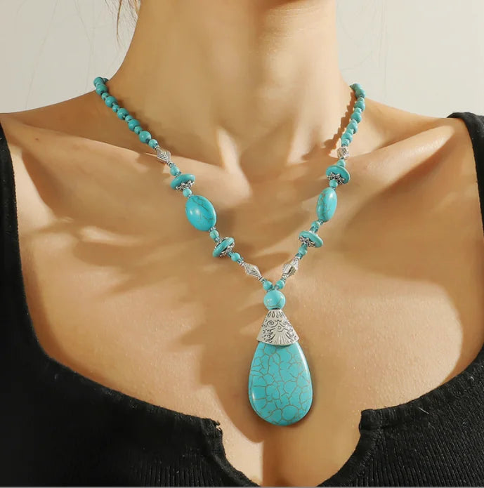 Long Green High Quality Retro Silver Turquoise Pendant Bohemian Vintage Woman Necklace wholesale