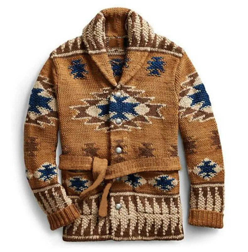 Western Retro Aztec Style Ethnic Local Autumn Winter Jacquard Knitted Button Lapel Full-Length Standard Western Sweater Cardigan