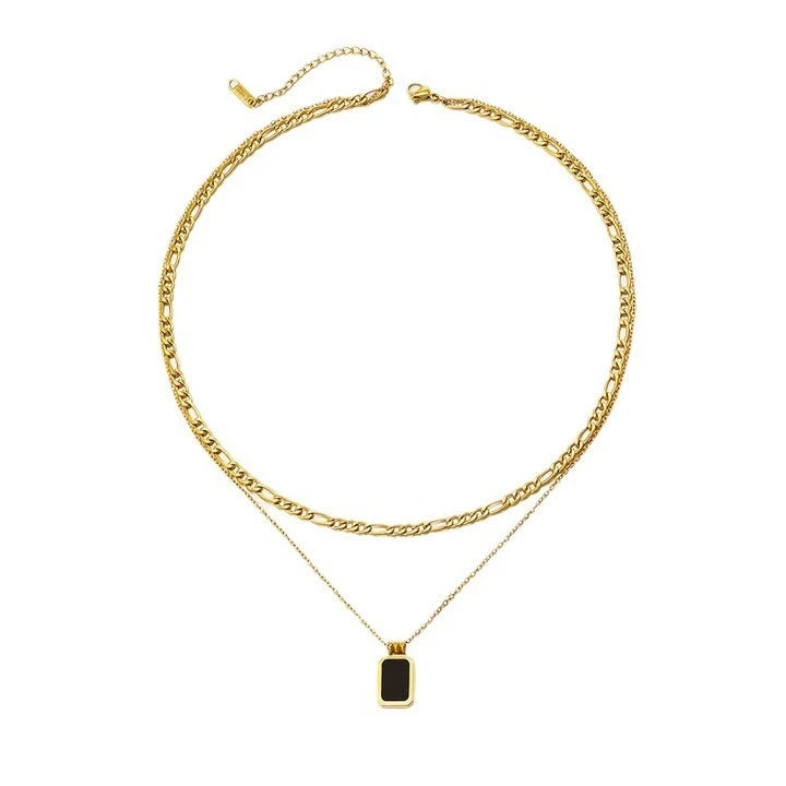 Stainless Steel Paperclip Chain Necklaces 18K Gold Plated Square Black Engraved Pendant Necklace for Women