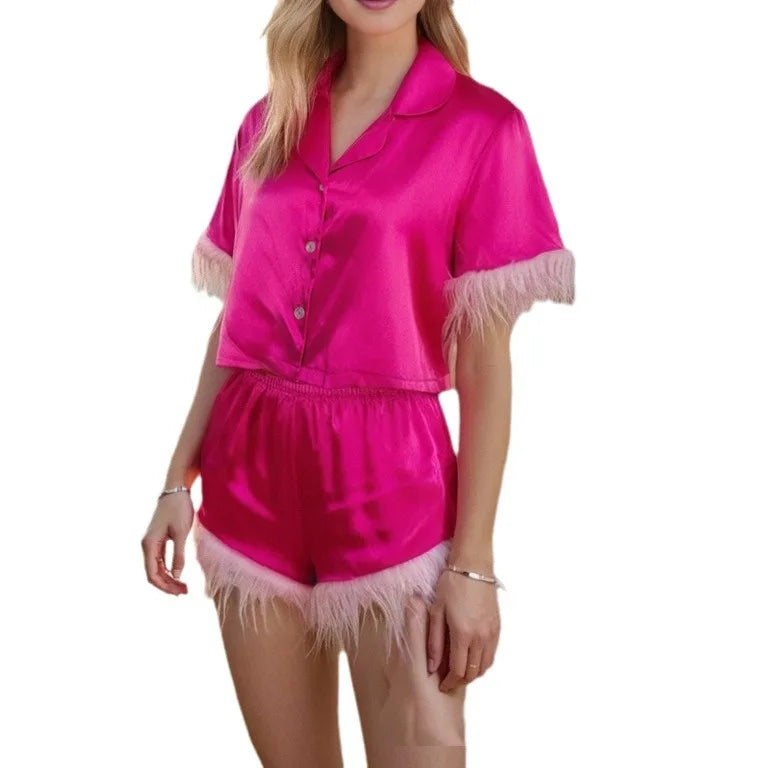 Sweet Women's Pajamas Set Faux fox Hair Trims Lapel Short Sleeve Pajamas 2-pcs Set of Wholesale Pajamas Fashion Luxury Home Wear