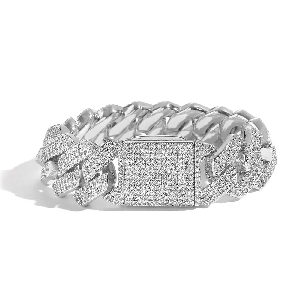 High Quality 20mm Gold Plated Iced Out Chains Hip Hop Jewelry Men Bling Cubic Zirconia Prong Cuban Link Bracelet for Women