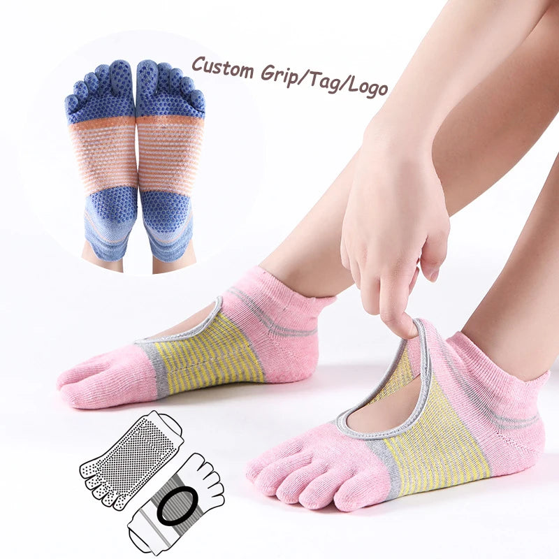 Women's Color Block 5 Toe Short Yoga Socks Custom Non-Slip All Seasons Knitted Ankle High Fitness Toe Pilates Socks