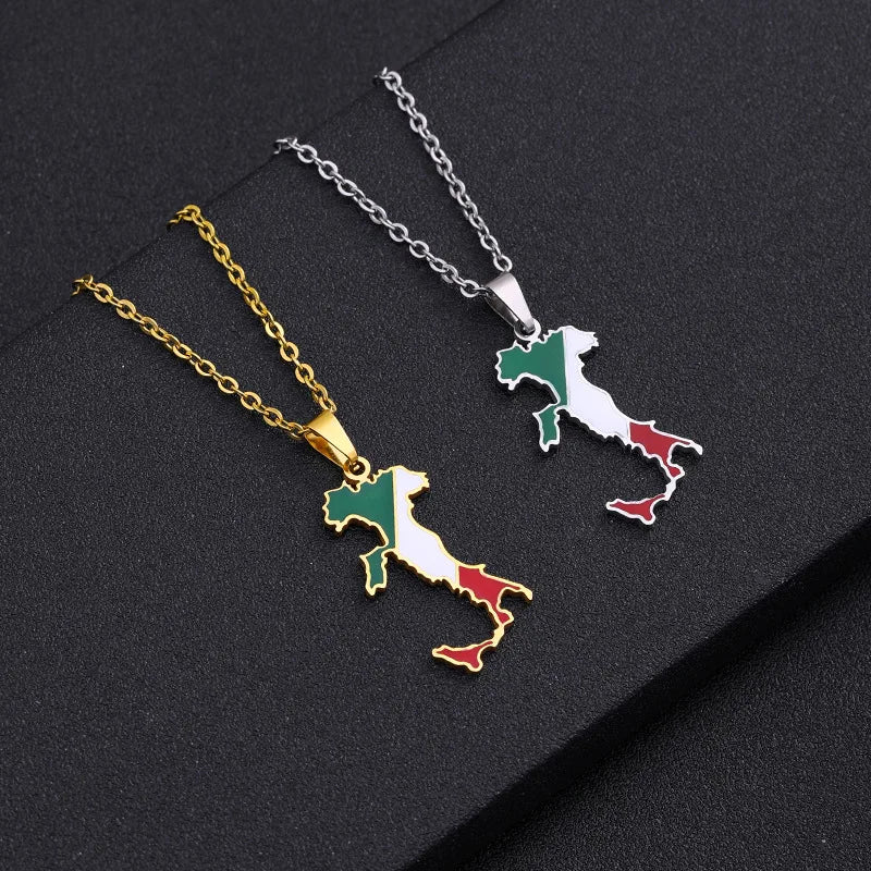 Oil Dripping Enamel Italy Titanium Steel Necklace Enamel Italy National Flag Map Pendant Necklace Collar Mapa De Italia