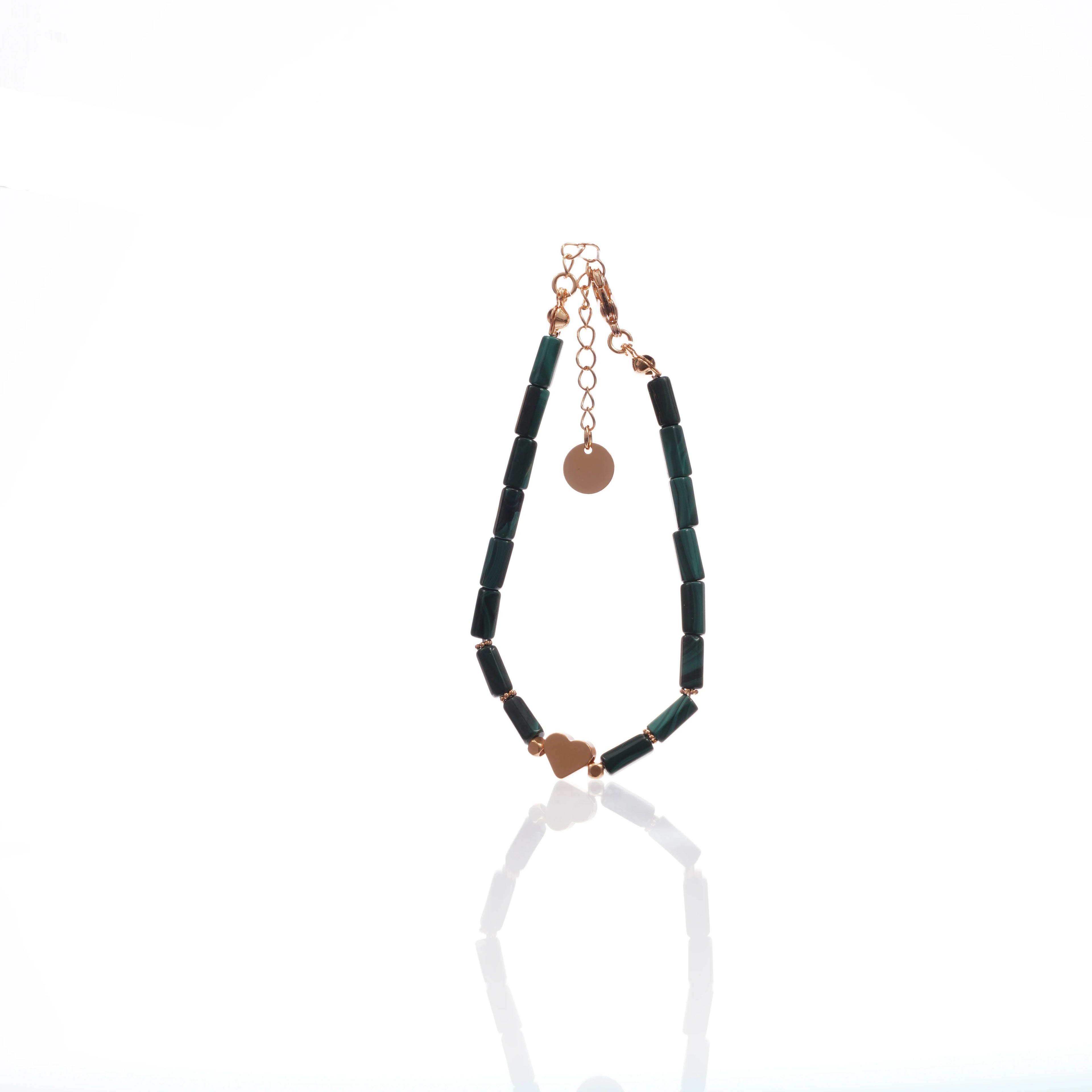 Emerald Green Jade Cylinder Beads & Gold Heart Charm Women's Fashion Bracelet Real Gold Plated Jewelry