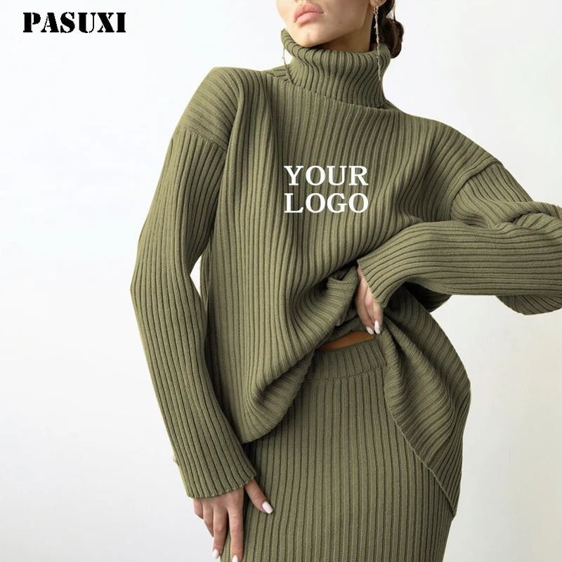 PASUXI Custom New High Quality Women's Turtleneck Sweater Skirt Set Casual Two Piece Pullover Print Dress Excellent Everyday