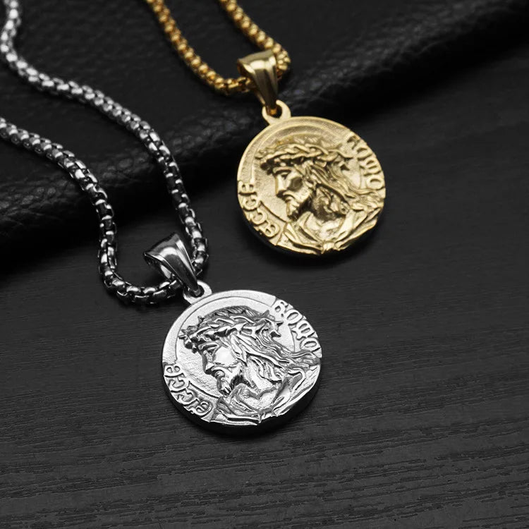 Vintage Greek Mythology Portrait Stainless Steel Necklace 18K Gold Plated Pendant Waterproof Fade Resistant Unique Jewelry Men MegaBDM