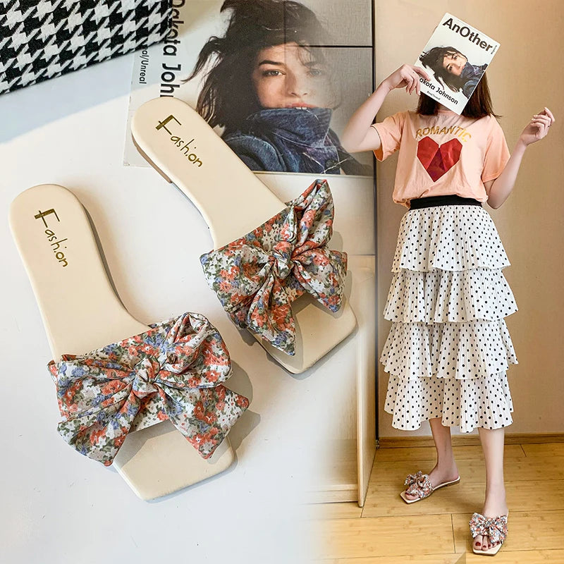 Pastoral Floral Bow Sandals Flat slippers 001