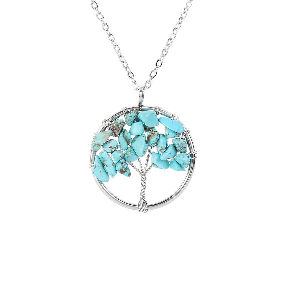 Hongzhuo New 2021 Hot sale 7 Chakra Green turquoise Tree of Life Natural Tumbled Gemstone Wire Wrapped Pendant Necklace Jewelry Jewelry