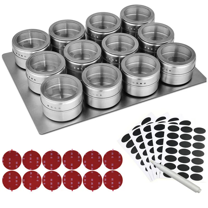 Cheap Hot Selling Stainless Steel Silver Multifunction Seasoning Spice Rack Set Magnetic Jars 12pcs Magnetic Spice Tins