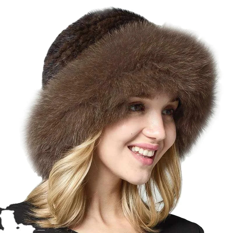 Factory Wholesale Hand Knitted Mink Fur Hat Fox Fur Trimmed Luxury Winter Hats for Women