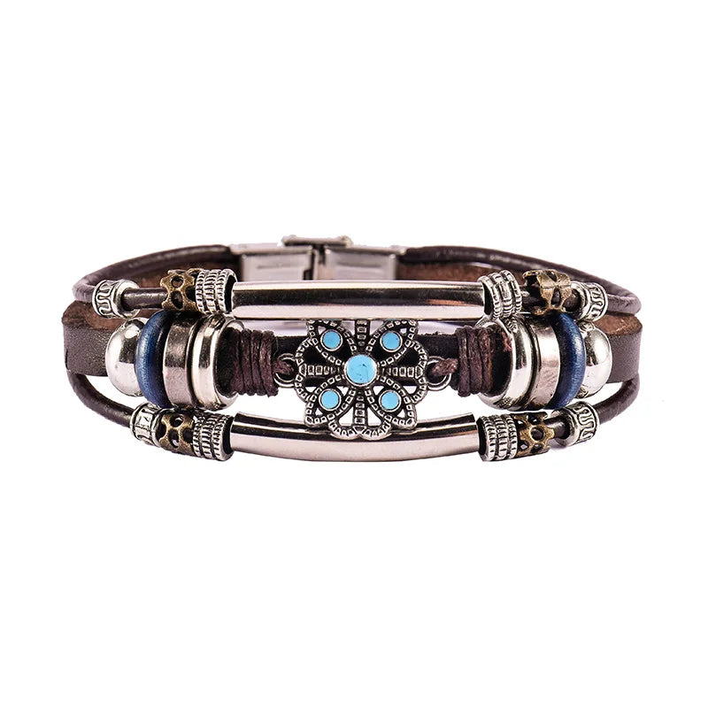 Pulseras De Cuero Hombre  Retro Bohemian Style Mens Turquoise Bracelet Punk Stainless Steel Clasp Brown Leather Bracelet