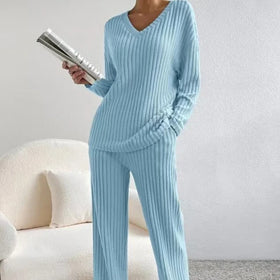 Wholesale Loungewear Women Sets Spring 2024 Casual Women 2 Piece Rib Set V-neck