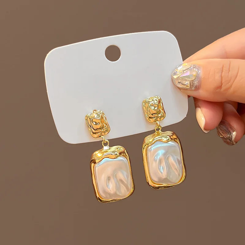 French Vintage Gold Plated Square Stud Earrings Elegant Concave Convex Geometric Stud Earrings for Women