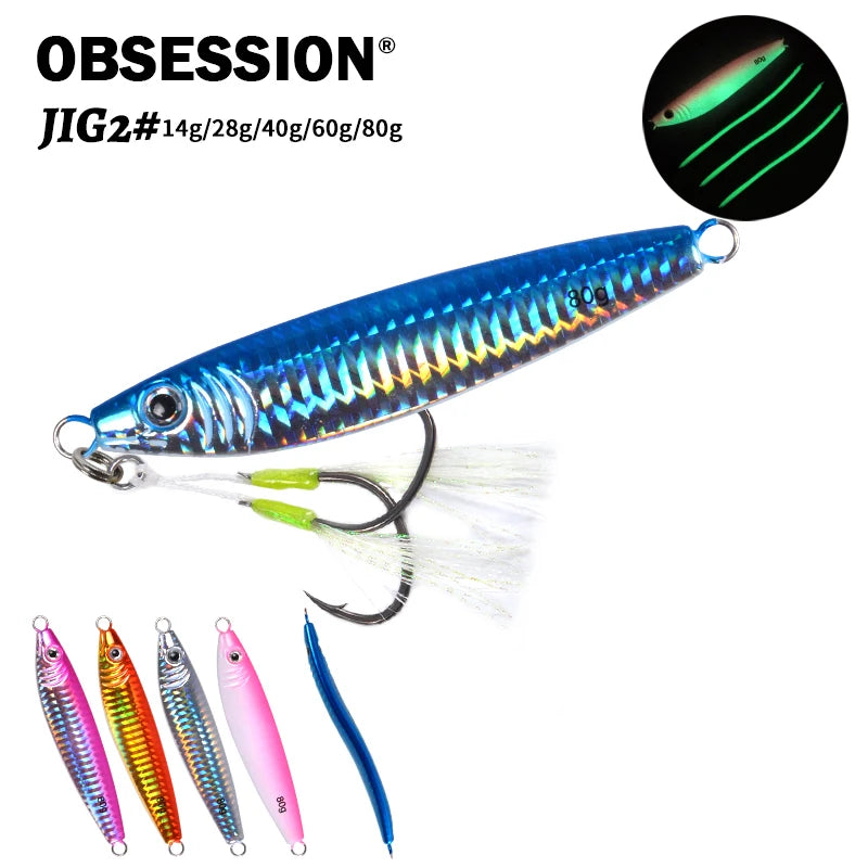 2# Luminous Metal Jig S Shape Jigging Lure Saltwater Fishing Lures Glow in the Dark Assist Hook