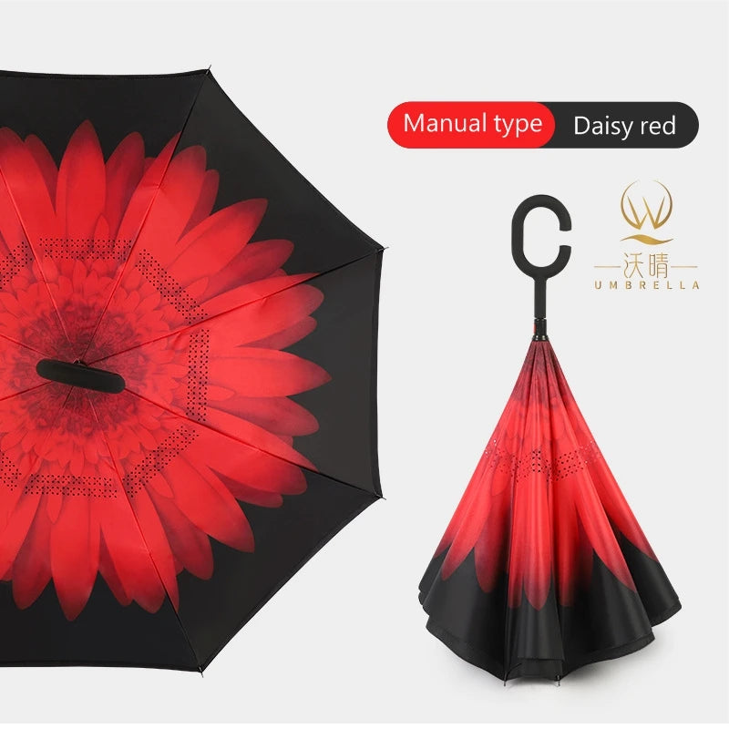 Custom Double-Layer Automatic Open Straight Umbrella C-Shape Handle Minimalist Design Inverted Reverse Manual Featuring Plastic