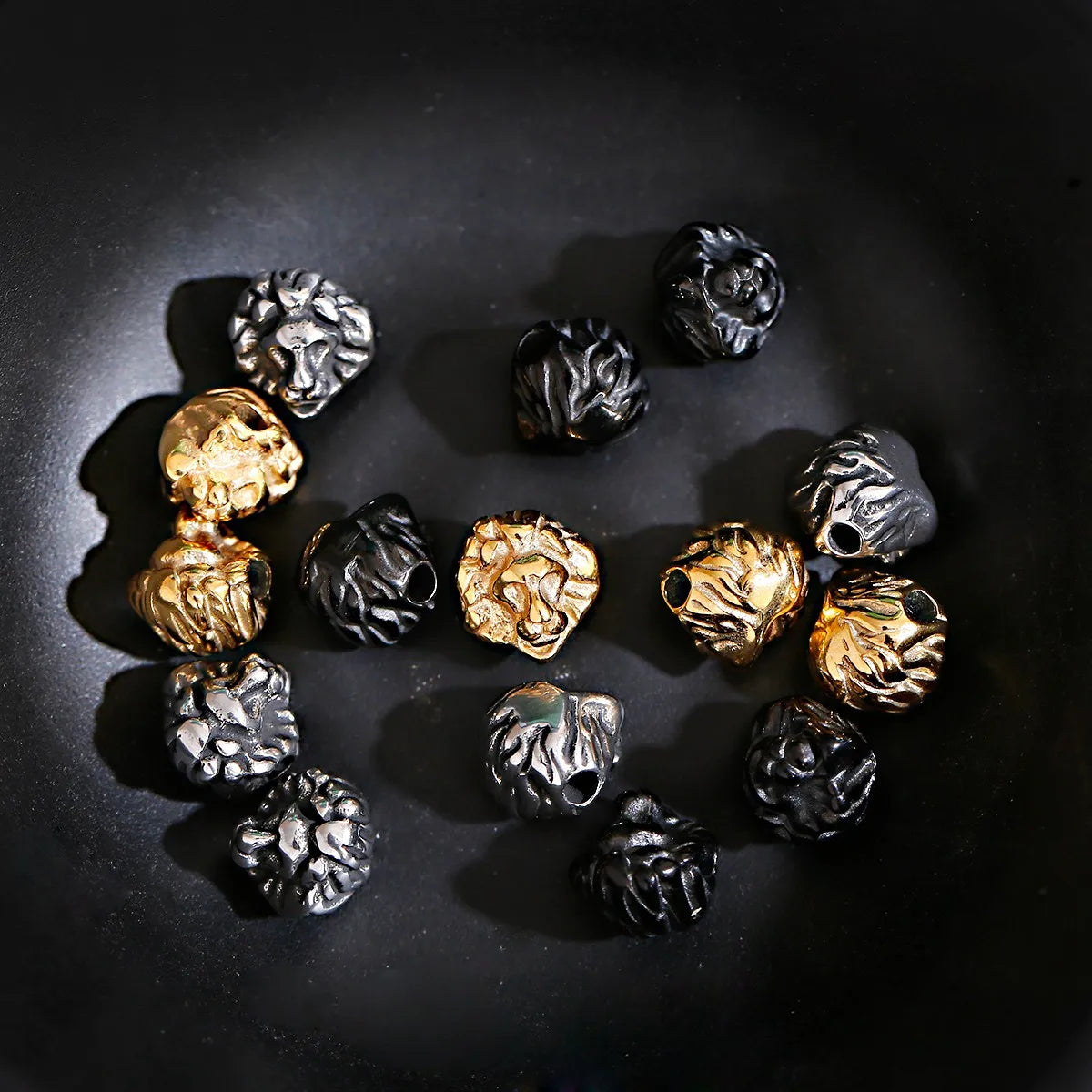 Stylish 10*11mm Lion Heads Beads for Mens Jewelry Making Big Hole Diy Spacer Beads Gold Silver Black Douvei