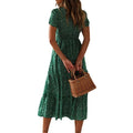 RNSHANGER Green Print Holiday Dress for Women Summer Sexy Square Collar Beach Dresses Fragmented Flower Slim Puff Sleeve Dress