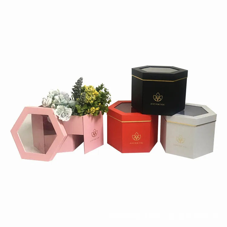 Hexagonal Double Layer Rotating Flower Box Fenestration Flower Packaging Snack Gift Box Party Gift Box