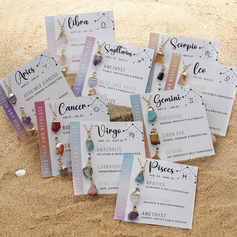 Personalized Gift Natural Stone Crystal Necklace Stainless Steel Chain Birthday Stone Pendant Twelve Zodiac Necklace With Card