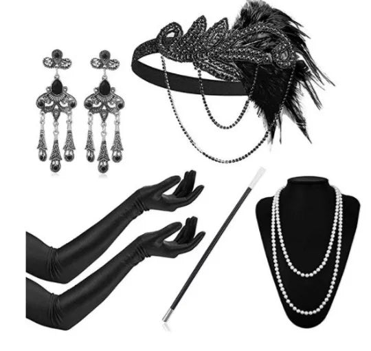 1Set 1920's Flapper Cosplay Costume Feather Headband Pearl Necklace Long Glove Gatsby Masquerade Accessories
