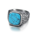 Vintage Classic Turkish Gemstone Tiger Eye Blue White Turquoise Ring Titanium Steel Silver Color Engagement Wedding Party Ring