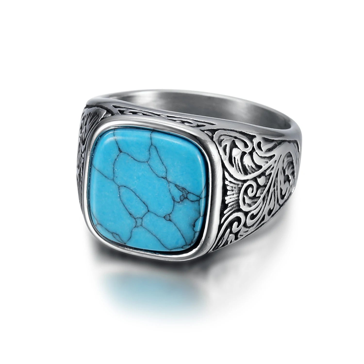 Vintage Classic Turkish Gemstone Tiger Eye Blue White Turquoise Ring Titanium Steel Silver Color Engagement Wedding Party Ring