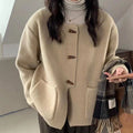 Custom Women's Thick Wool Coat with Big Pockets Long Horn Button Knitted Cardigan Jacket for Winter