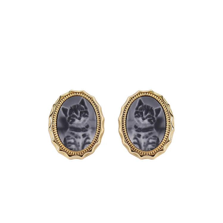 Heizun Factory's Cute Original Black Agate Cameo 3D Relief Carving S925 Silver Gold Plated Women's Earrings Chinese Weddings