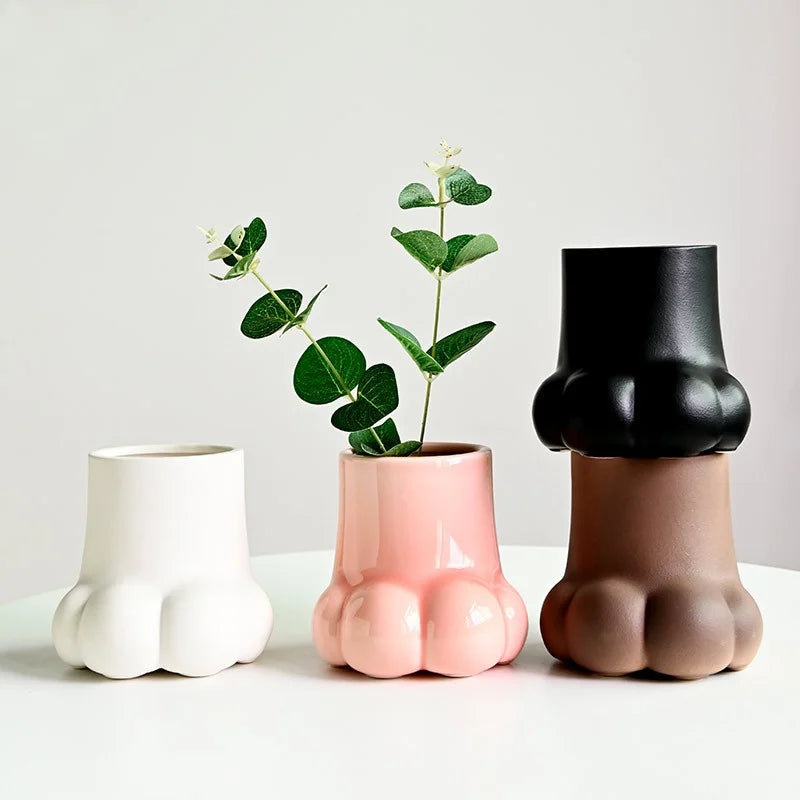 Creative Ceramic Vase Cat Paw Hydroponic Insert Solid Color Cute Matt Glaze Floor Vase for Home Decor for Cross-Border Export