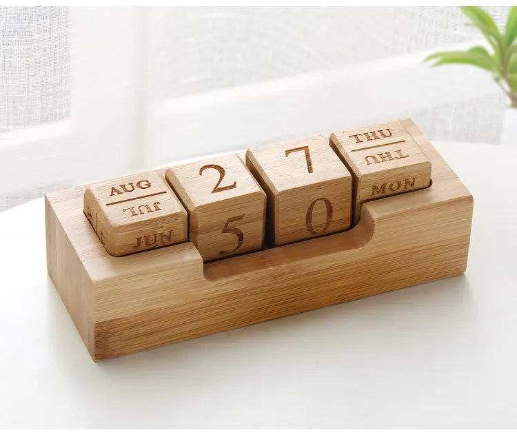 Wooden Flip Desk Blocks Calendar and Perpetual Plank Table Calendar Week Month Date Display Home Office Decoration