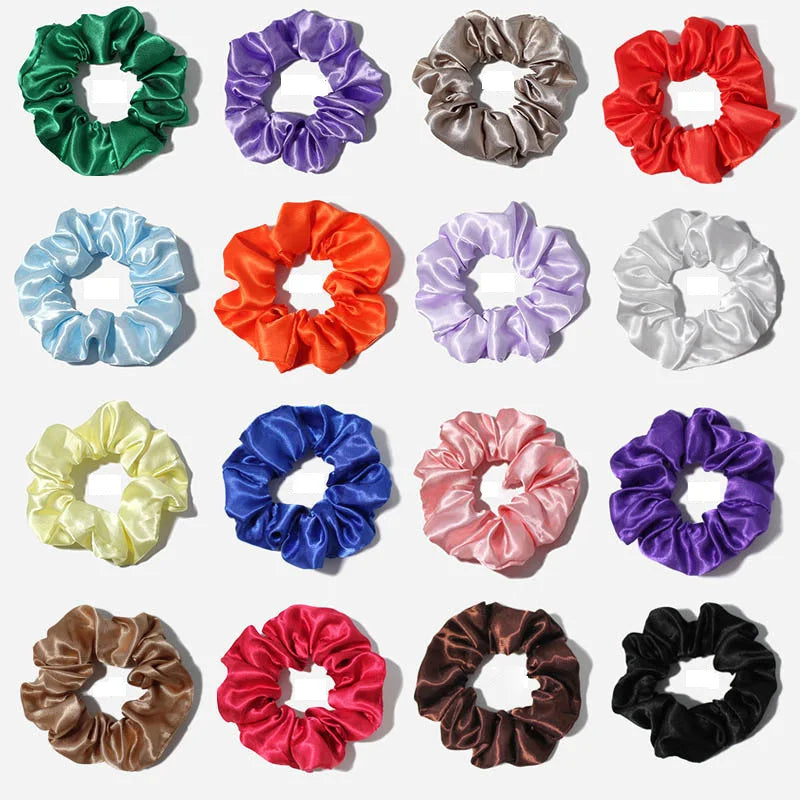 Yiwu Custom Bright Shiny Scrunchy Hair Band Pack Red Brown Hair Ties Accessories Shining Girls Silk Satin Scrunchies with logo
