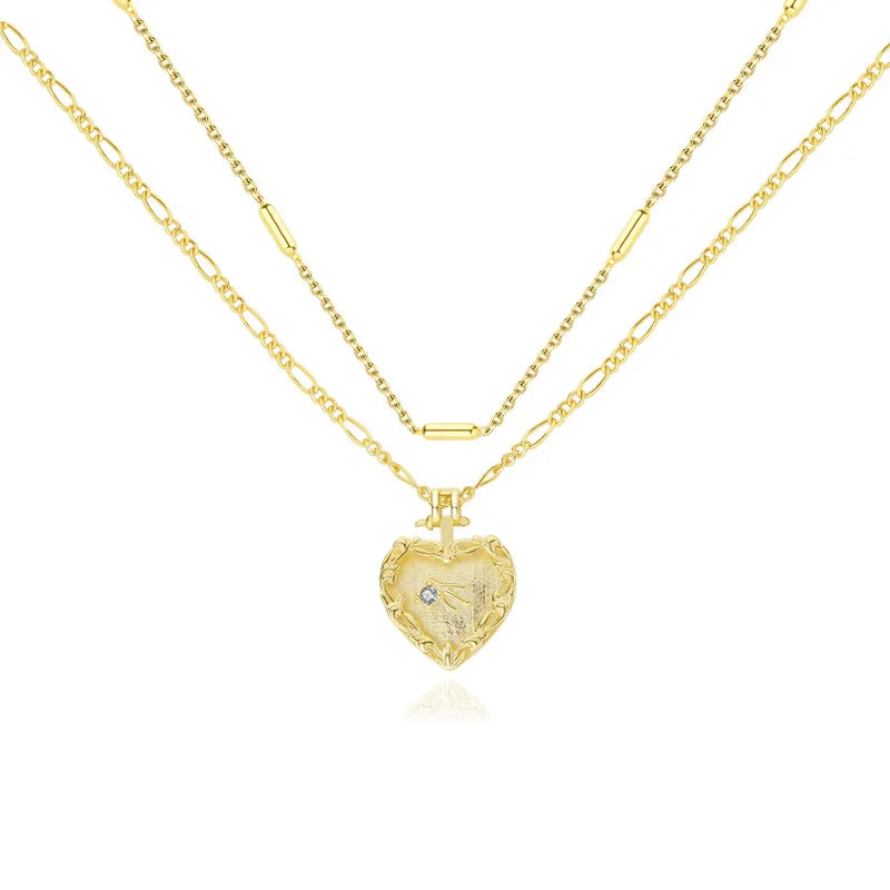 Retro 925 Sterling Silver Double Layer Chain CZ Zircon Heart Charm Necklace for Women Wholesale