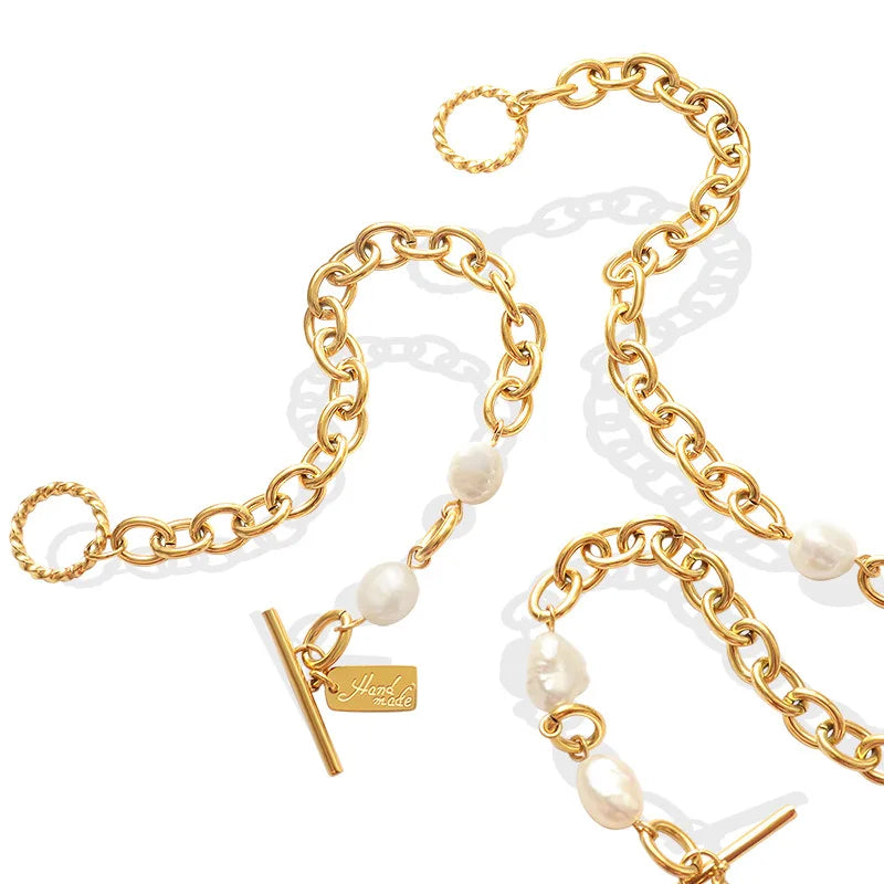 INS Stainless Steel 18K Gold Plated OT Buckle Freshwater Pearl Link Chain Bracelet Titanium Steel Square Tags 7MM Gift for Him