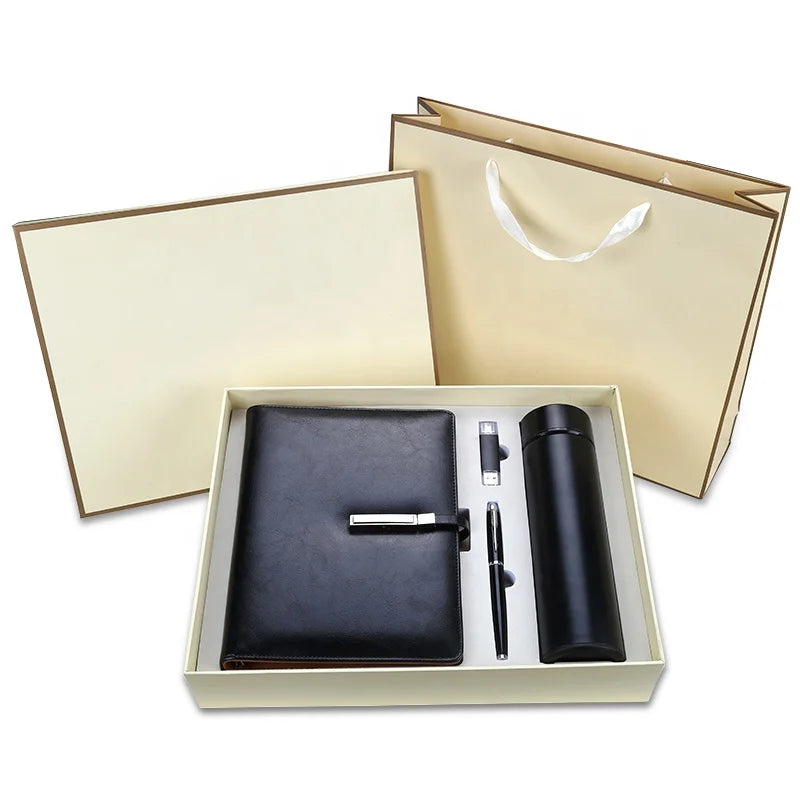 Free Combined Business Luxury Gift Sets Christmas Promotional PU Notebook Vacuum Flask Signature Pen USB Flash Drive Custom Logo