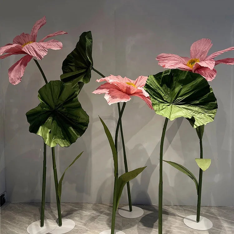 K-0092 Pink Lotus Large Store Decorations Romantic Giant Paper Flower Stand Set Artificial Giant Flower