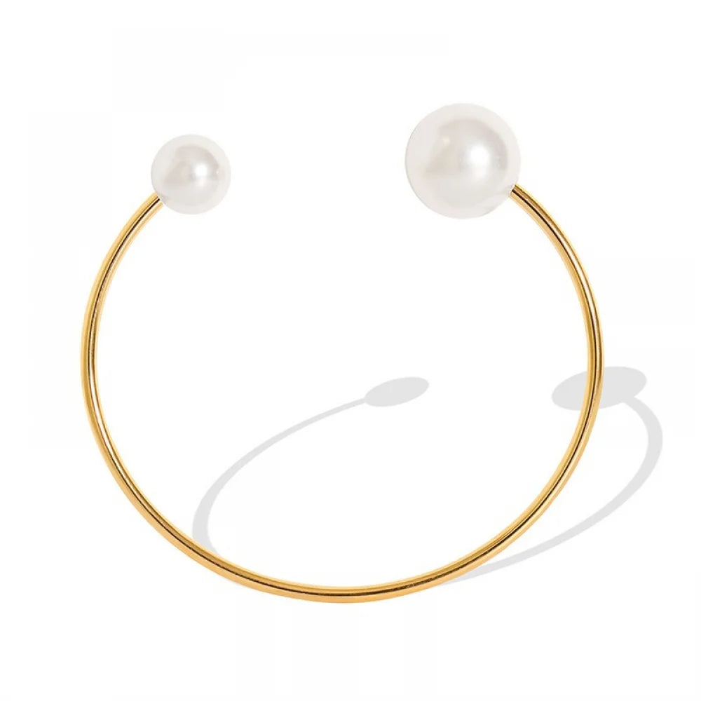 Elegant Fashion 18k Gold Plated Stainless Steel Open Cuff Women Imitation Pearl Fine Jewelry Bracelets Bangles