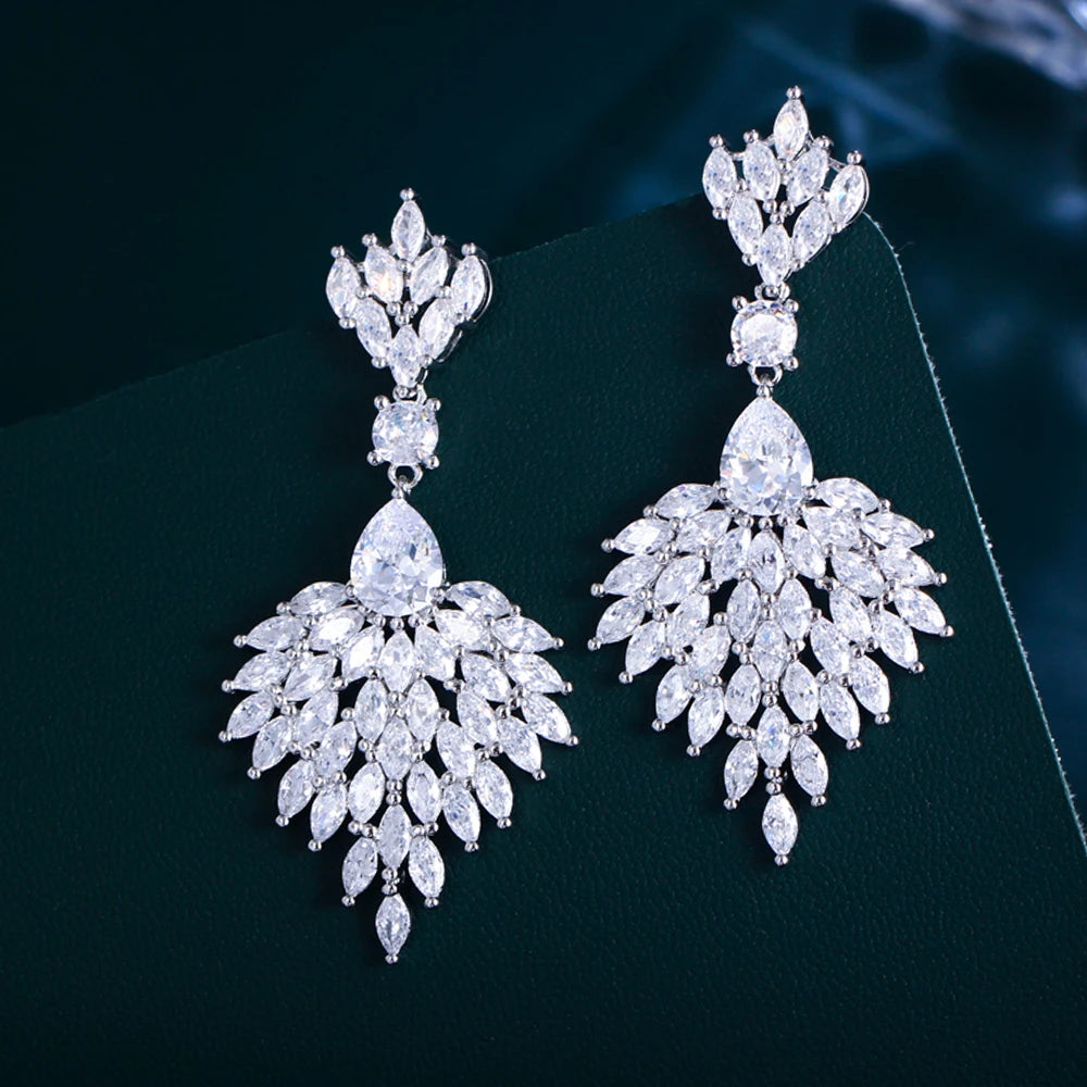 Full Shiny White Chandelier Cubic Zircon Leaf Drop Long Big Crystal Earrings for Brides Party Wedding Engagement Jewelry Gift