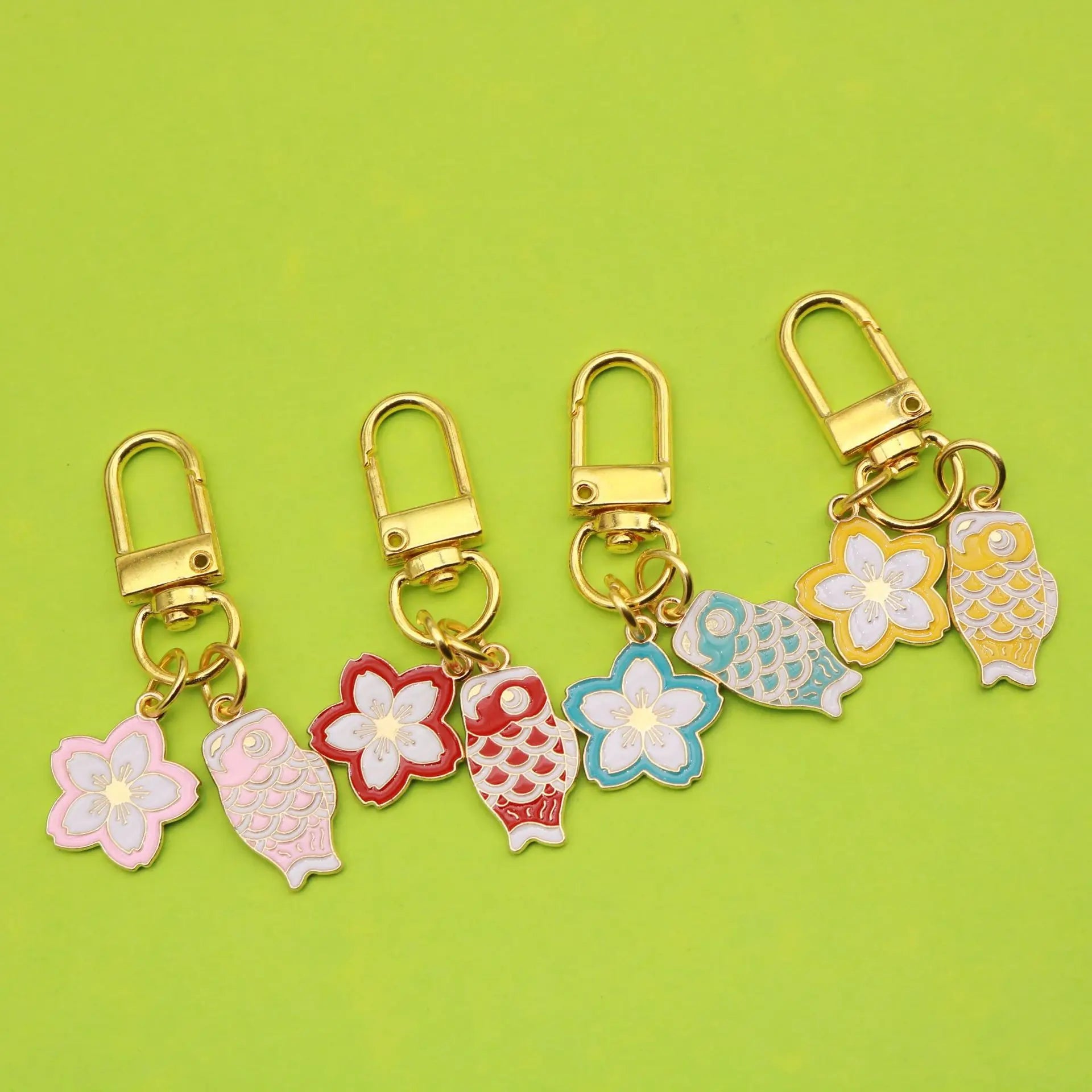 Creative Metal Keychain Cute Cartoon Koi Fish and Flower Design Bag Pendant Accessories with Carabiner Couple Style