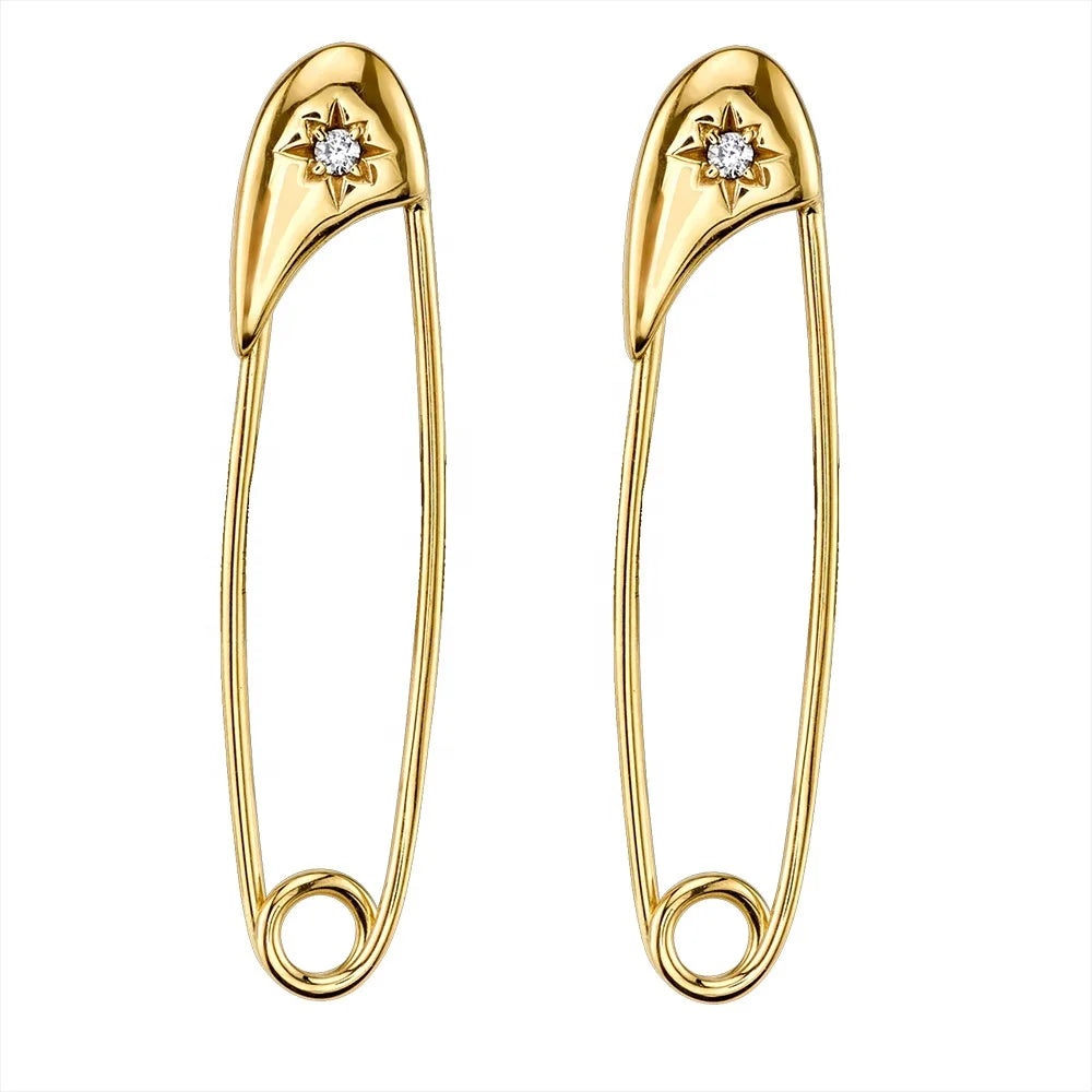 FUAMAY 925 Silver White CZ Zircon Diamond Star Safety Pin Earring Gold Plated Safety Pin Hoop Earrings