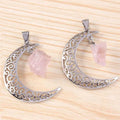 HZ Rose Quartz Crystal Necklace Starry Moon Shape Pendant Alloy Original Stone