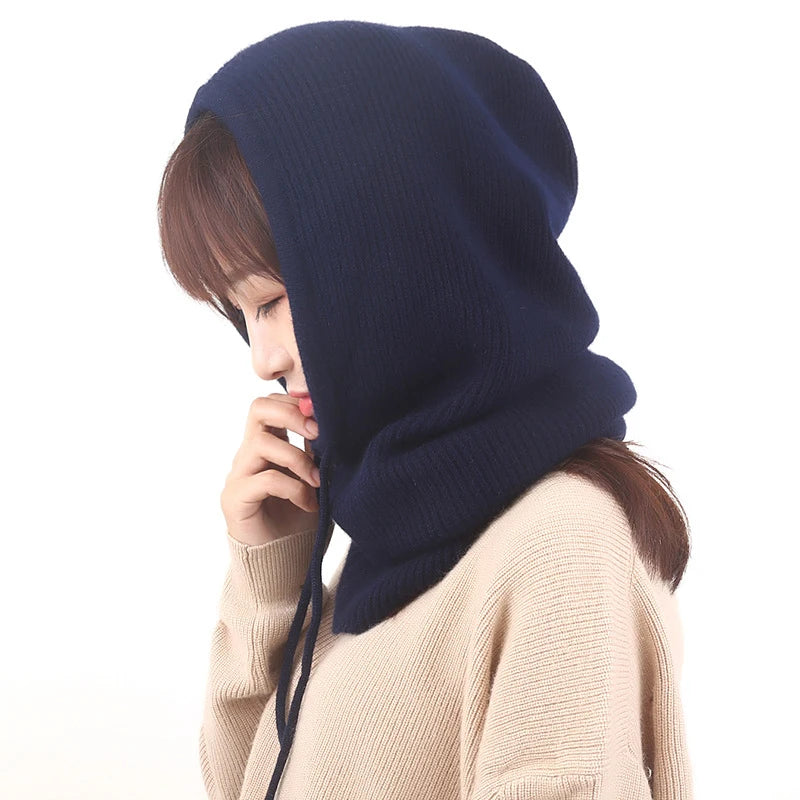 Knitted Hooded Winter Balaclava Hats Women Korean Style Outdoor Warmer Drawstring One-piece Neck Collar Beanies Hat