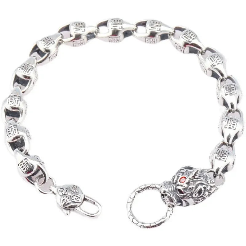 BOCAI S925 Sterling Silver Vintage Ethnic Style Six Character Mantra Diamond Bracelet Classic Male Design Pixiu Zhaocai for Gift