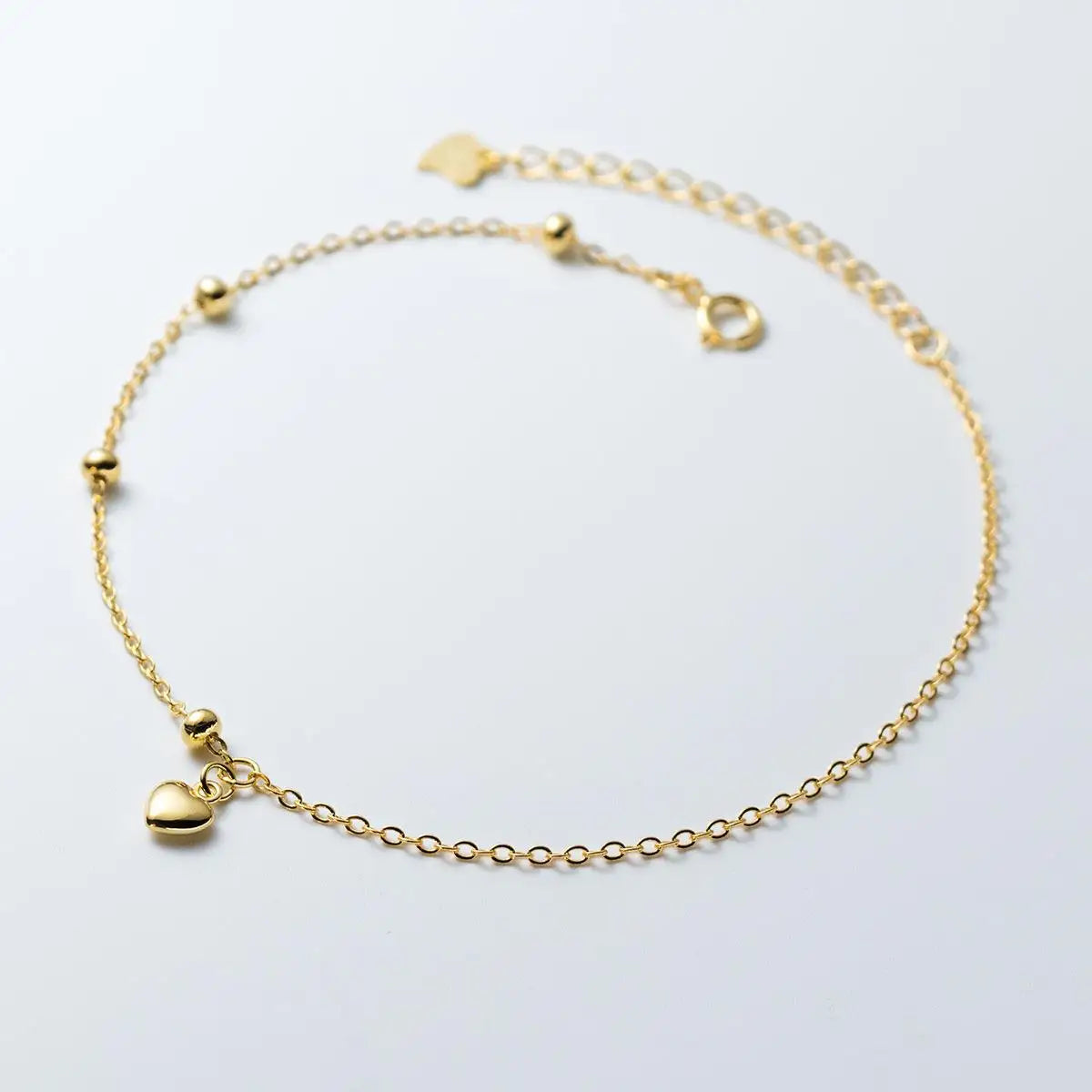 American European 925 Sterling Silver love Heart Charm Round Beads Gold Plated Anklet for Women