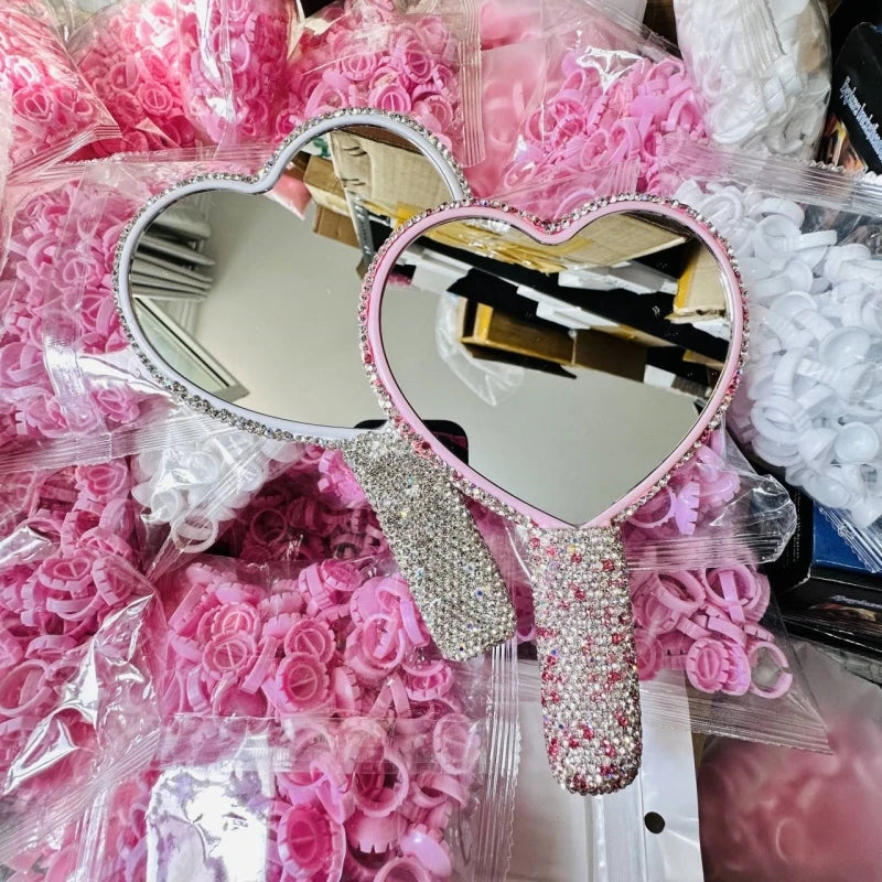 Square Makeup Heart Diamond Setting Mirror Eyelash Extension Handheld with Handle Hand Lash Mirror