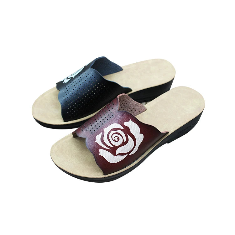 Custom Colored Rose Pattern Platform Anti-Slip Summer Spring Outdoor Leather Flat Sandals for Women MegaBDM