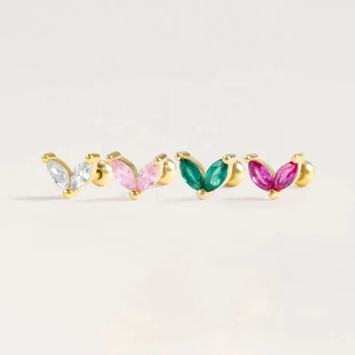 LOZRUNVE 925 Silver Gold Colored Stone Double Marquise Leaf Cute Fashion Stud Earring Jewelry