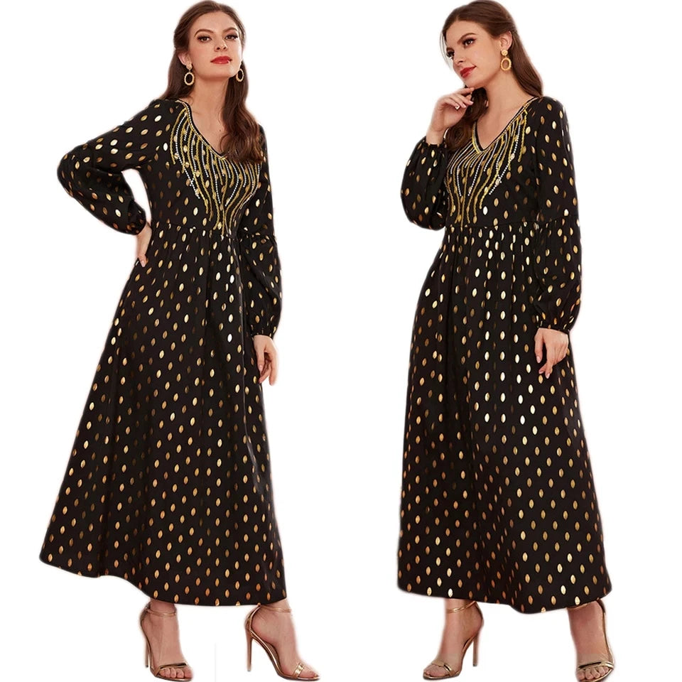 10% S-3XL Women Elegant Muslim Long Dress Party Evening Charm Embroidery Maxi Robe V-neck Long Sleeve Dress Islamic Clothing