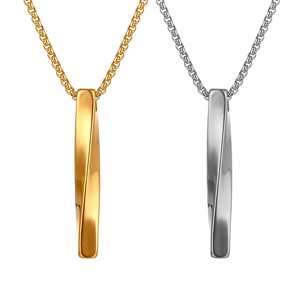 Fashion New Silver Rectangle Bar Pendant Necklace Men Trendy Simple Stainless Steel Twist Bar Necklace Jewelry Gift