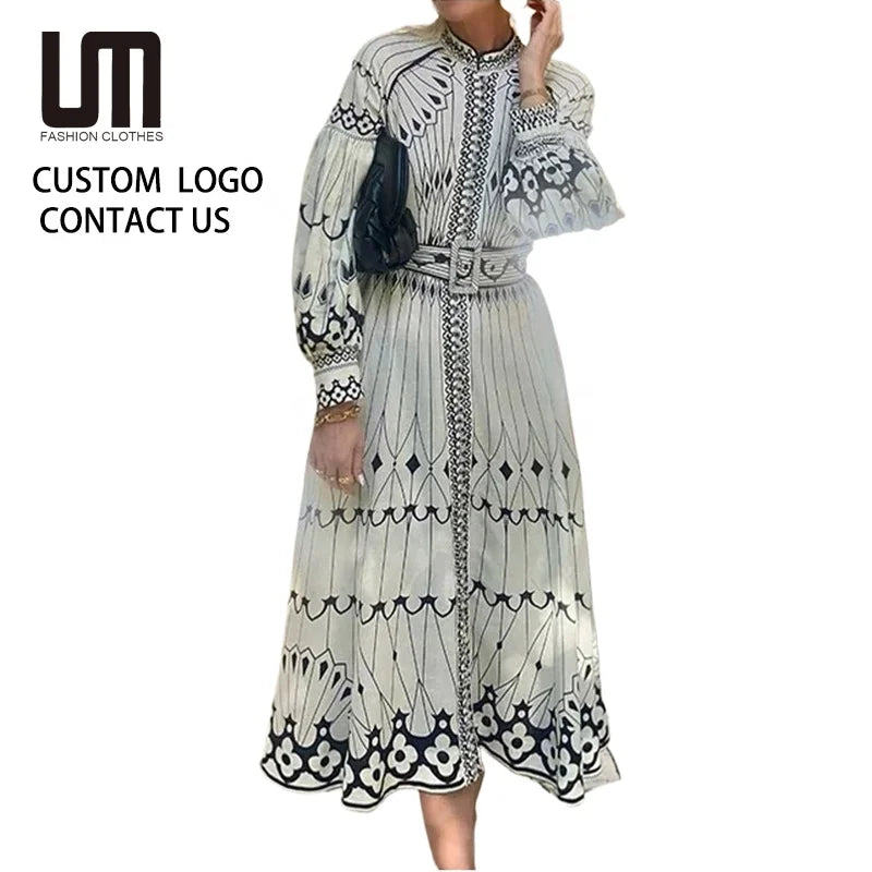 Wholesale Women Retro Elegant Stand Collar Long Dress - Spring Pattern Print Party Dress Long Sleeve A-Line Boho Dress OEM/ODM